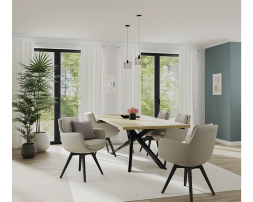 Lichte eetkamer met eettafel, stoelen en planten