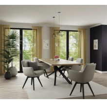 Eetkamer met eettafel, stoelen, hanglampen en kamerplanten in een helder en modern design.