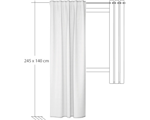 Wit gordijn met ringen en de afmetingen 245 x 140 cm.