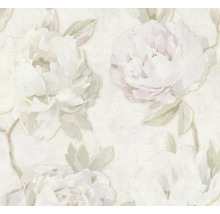 Vliesbehang met grootbloemig pioenrozenpatroon en gestructureerd oppervlak.