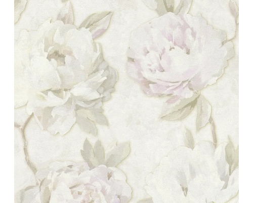 Vliesbehang met grootbloemig pioenrozenpatroon en gestructureerd oppervlak.