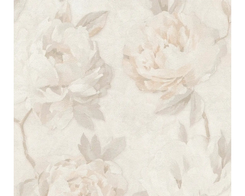 Beige behang met groot bloemenpatroon, pioenrozen en bladeren, gestructureerd oppervlak.
