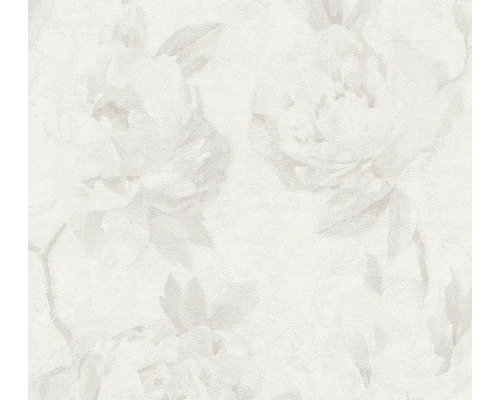 Vliesbehang met subtiel bloemenpatroon, grote bloemen en bladeren in wit en lichtgrijs, oppervlak met structuur.