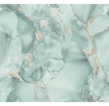 Vliesbehang met marmerlook in turquoise en metallic glanzende aders.