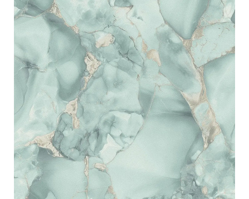 Vliesbehang met marmerlook in turquoise en metallic glanzende aders.