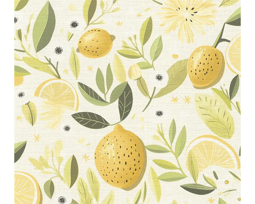 Behang met citroenpatroon, hele citroenen, citroenschijfjes en groene bladeren.