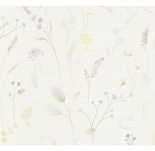 Behang met bloemenpatroon, verfijnde veldbloemen en grassen in aquarelstijl met linnenstructuur.