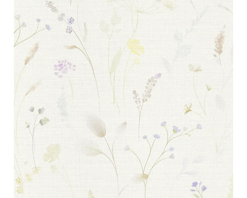 Behang met bloemenpatroon, verfijnde veldbloemen en grassen in aquarelstijl met linnenstructuur.