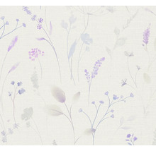 Vliesbehang met verfijnd patroon van paarse veldbloemen in aquarelstijl.