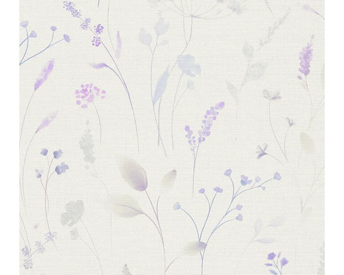 Vliesbehang met verfijnd patroon van paarse veldbloemen in aquarelstijl.