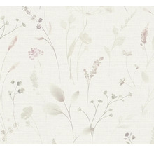 Vliesbehang met fijn patroon van weidebloemen en grassen in aquarelstijl.