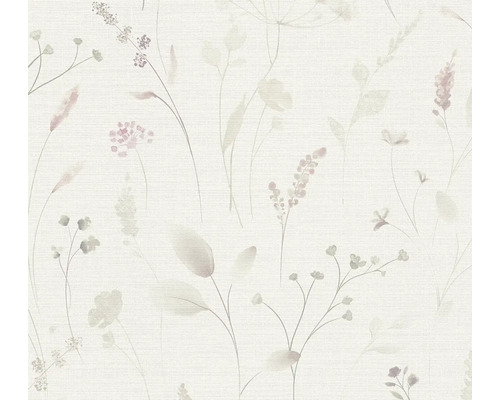Vliesbehang met fijn patroon van weidebloemen en grassen in aquarelstijl.