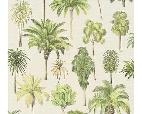 Vliesbehang met botanisch patroon van verschillende tropische palmen en planten in het groen.