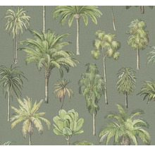 Vliesbehang met botanisch patroon van verschillende palmbomen in groentinten.