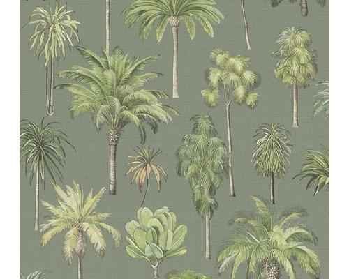 Vliesbehang met botanisch patroon van verschillende palmbomen in groentinten.