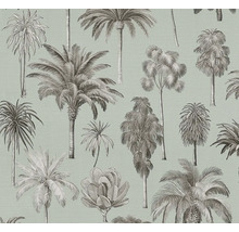 Vliesbehang met botanisch patroon in vintage stijl met diverse palmbomen en tropische planten.