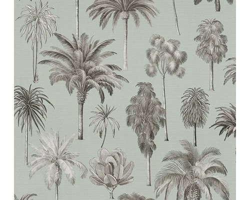 Vliesbehang met botanisch patroon in vintage stijl met diverse palmbomen en tropische planten.