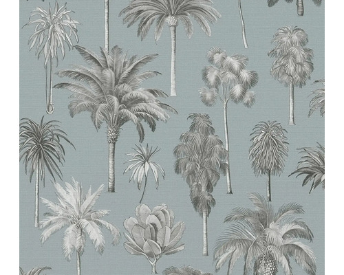 Vliesbehang met palmbomen en tropische planten in een geschetste look.