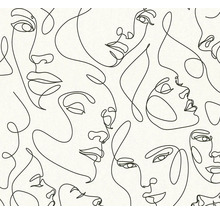 Behang met gezichten in continuous line art, minimalistisch ontwerp met zwarte lijnen.