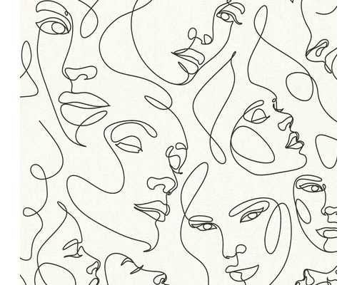 Behang met gezichten in continuous line art, minimalistisch ontwerp met zwarte lijnen.