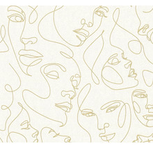 Behang met abstract patroon van fijne lijnen die gezichten in goud vormen.