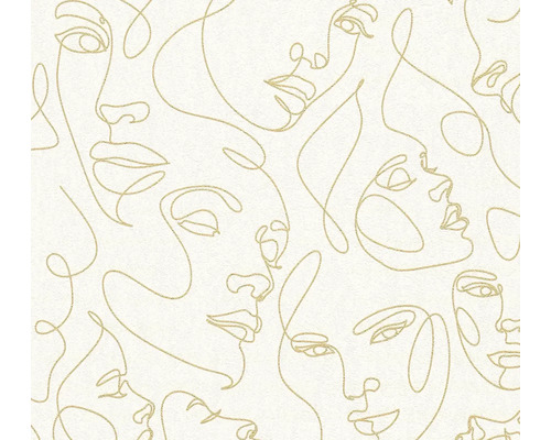 Behang met abstract patroon van fijne lijnen die gezichten in goud vormen.