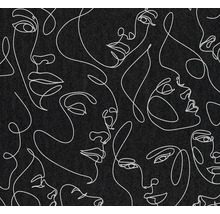 Vliesbehang met one-line art patroon van abstracte gezichten op een gestructureerde achtergrond.