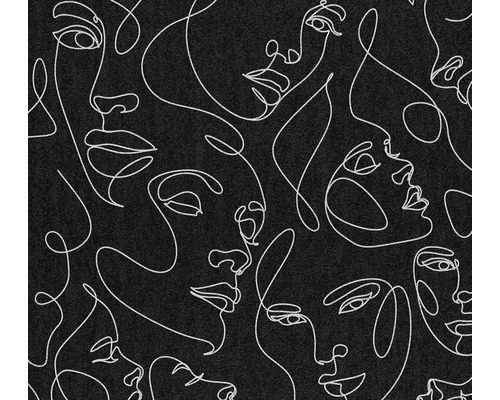 Vliesbehang met one-line art patroon van abstracte gezichten op een gestructureerde achtergrond.