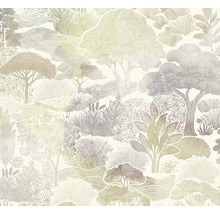 Vliesbehang met landschapspatroon van bomen, struiken en bloemen in een getekende stijl.