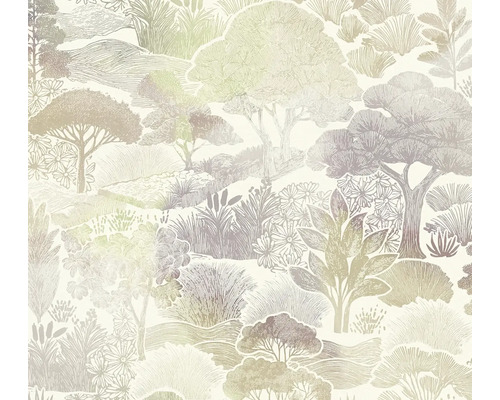 Vliesbehang met landschapspatroon van bomen, struiken en bloemen in een getekende stijl.