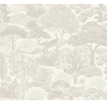 Behang met geïllustreerd landschapspatroon van bomen, heuvels en planten.