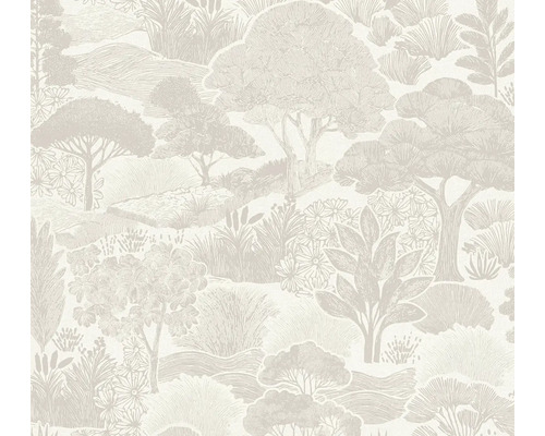 Behang met geïllustreerd landschapspatroon van bomen, heuvels en planten.