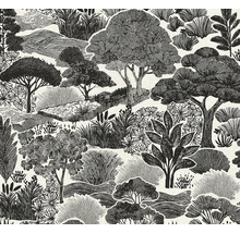Vliesbehang met landschapsmotief, gedetailleerde illustratie van bomen, struiken en bloemen in een grafische tekenstijl.