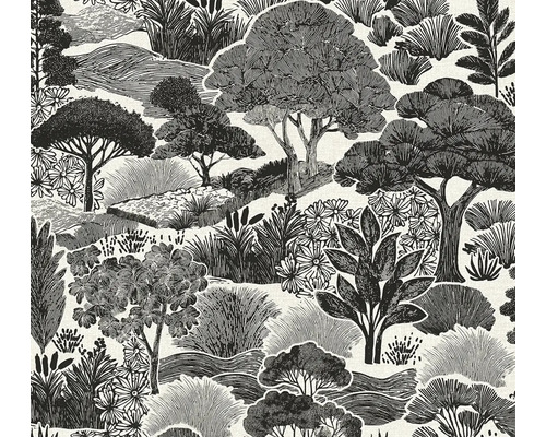 Vliesbehang met landschapsmotief, gedetailleerde illustratie van bomen, struiken en bloemen in een grafische tekenstijl.