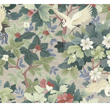 Vliesbehang met botanisch patroon, kraanvogels, bladeren, bloemen en bessen in Aziatische stijl.