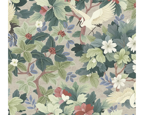 Vliesbehang met botanisch patroon, kraanvogels, bladeren, bloemen en bessen in Aziatische stijl.