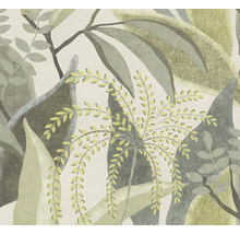 Behang met botanisch patroon van bladeren in verschillende groentinten en grijs.