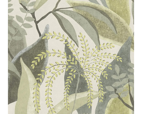 Behang met botanisch patroon van bladeren in verschillende groentinten en grijs.