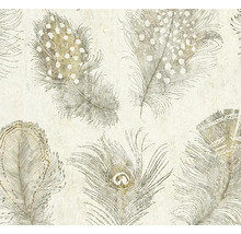 Behang met een gedetailleerd verenpatroon met verschillende soorten veren, zoals gestipte veren en pauwenveren.