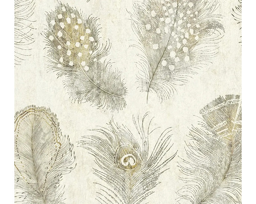 Behang met een gedetailleerd verenpatroon met verschillende soorten veren, zoals gestipte veren en pauwenveren.