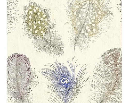Behang met verenpatroon, diverse veren zoals pauwenveren in een geschetste stijl.