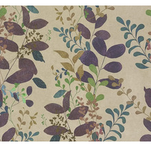 Vliesbehang met bloemenpatroon van bladeren en ranken.