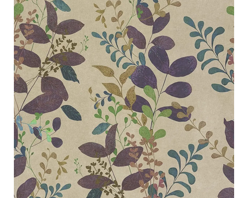 Vliesbehang met bloemenpatroon van bladeren en ranken.