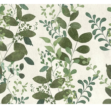 Vliesbehang met botanisch bladerpatroon in verschillende groentinten.
