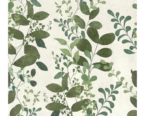 Vliesbehang met botanisch bladerpatroon in verschillende groentinten.