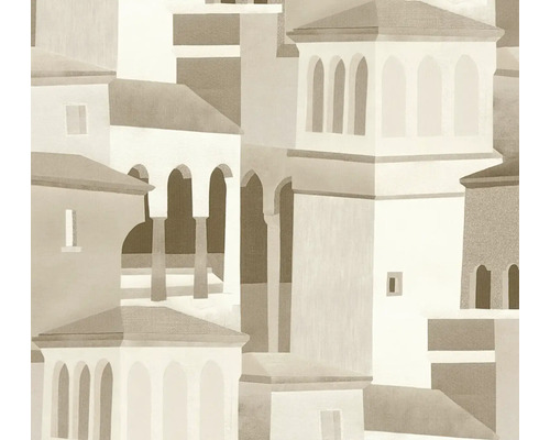 Vliesbehang met abstract architectuurpatroon van mediterrane gebouwen met bogen en torens in beige en bruin.