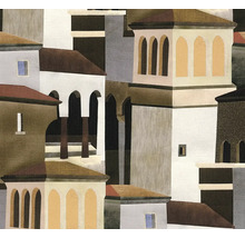 Behang met een abstract architectonisch patroon van gestileerde mediterrane gebouwen met boogvensters en geometrische vormen.