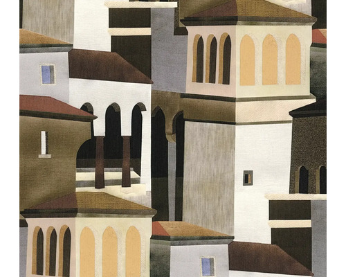 Behang met een abstract architectonisch patroon van gestileerde mediterrane gebouwen met boogvensters en geometrische vormen.