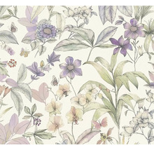 Behang met bloemenpatroon, diverse bloemen, bladeren en vlinders in een geschetste stijl.