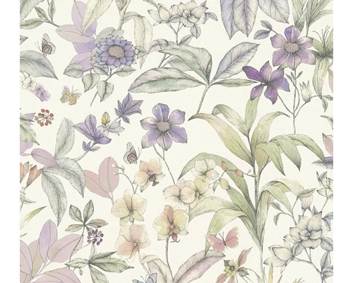 Behang met bloemenpatroon, diverse bloemen, bladeren en vlinders in een geschetste stijl.